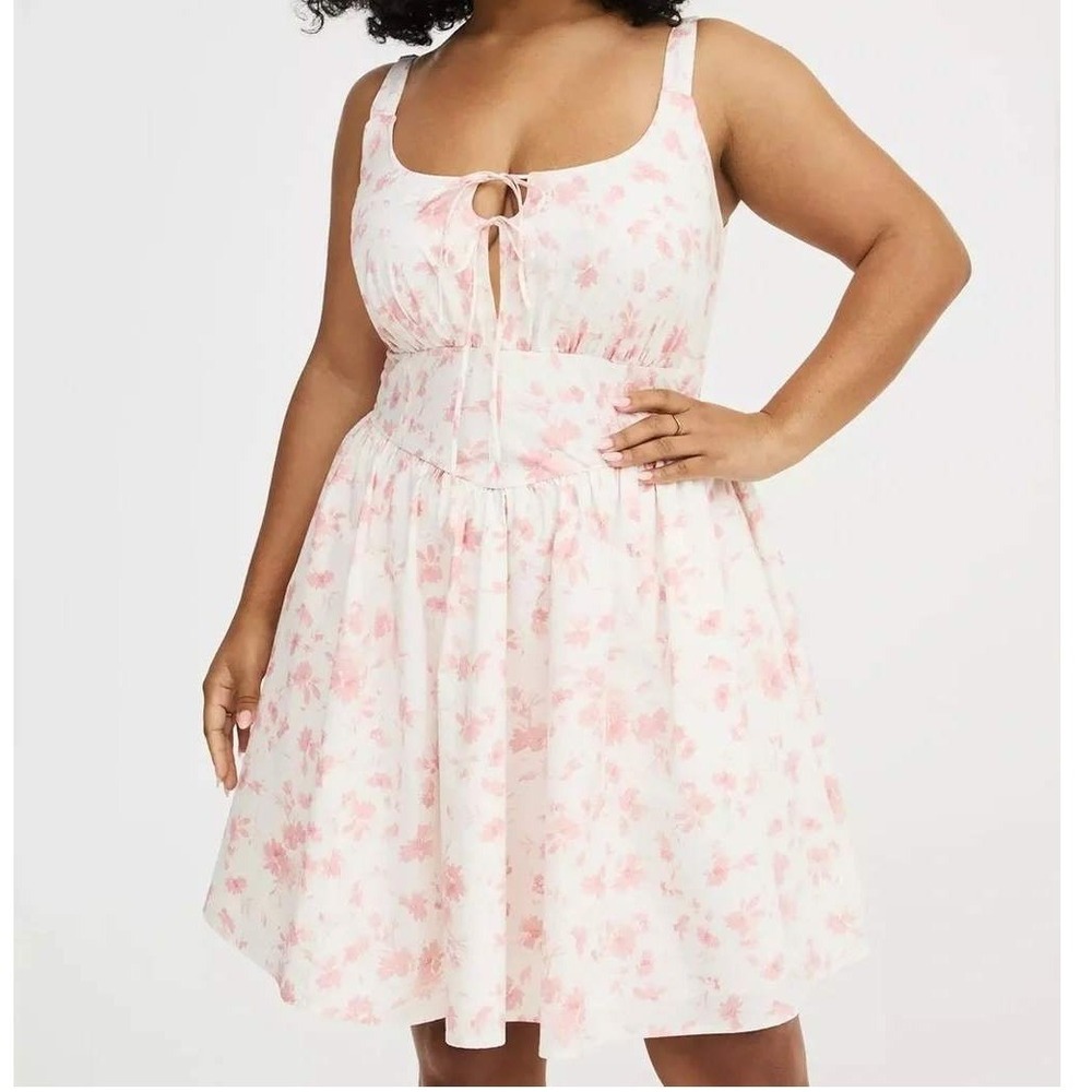 Torrid Pink Floral Corset Cotton Lace Up Cottagecore Sundress Size 18 White Boho